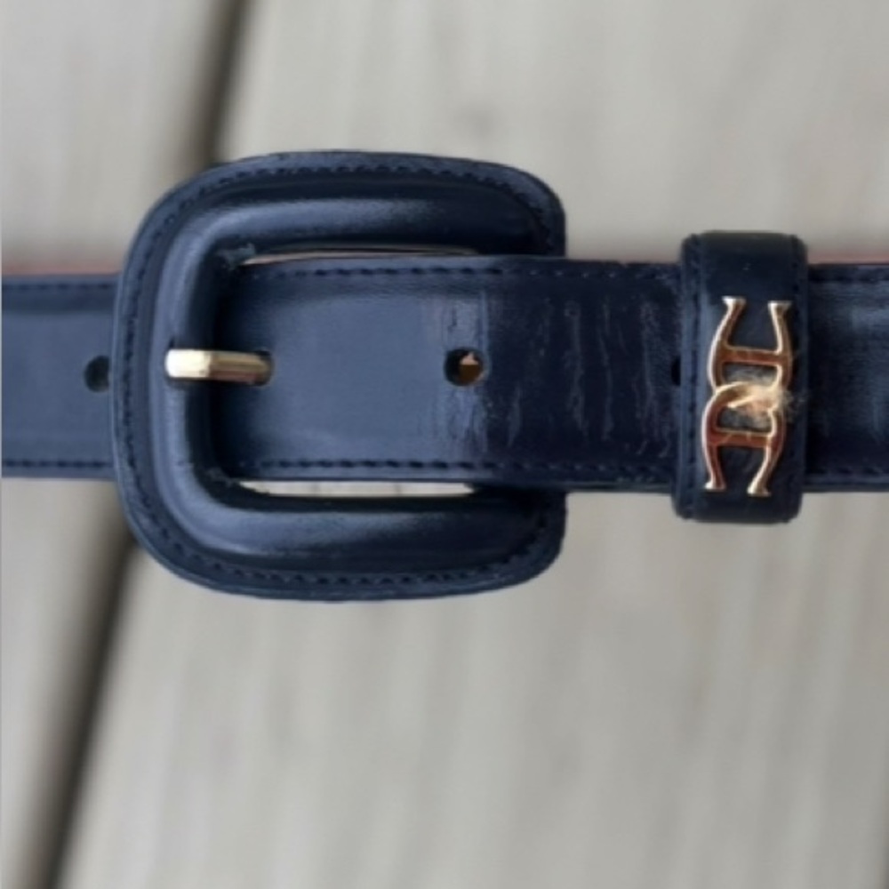 ETIENNE AIGNER Sophisticated 1” width Navy Leather Belt with Gold Buckle, L - Picture 3 of 9